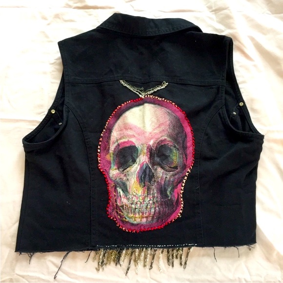 Tops - Black Vest with Skull Embroidery
